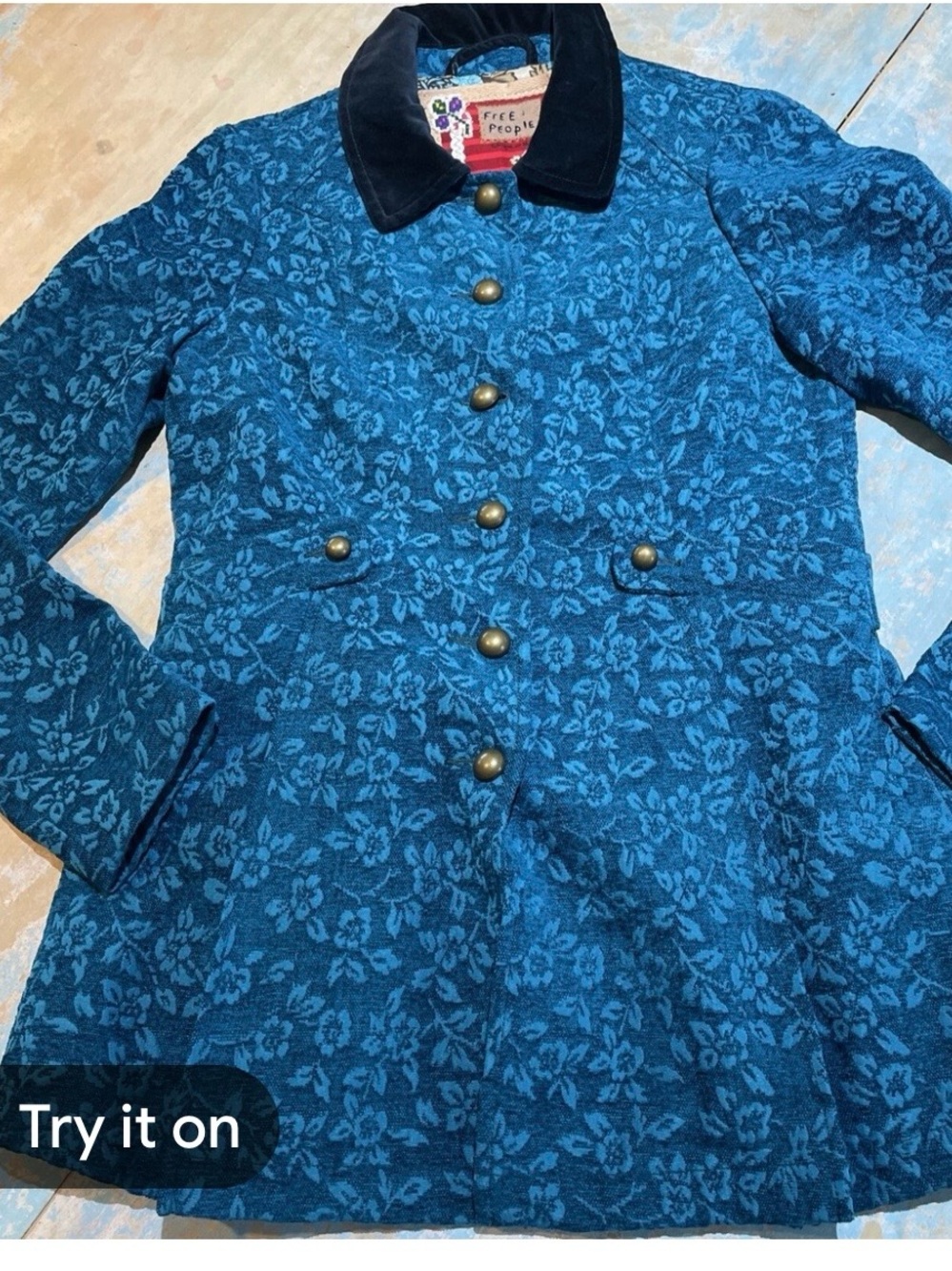 Free People Teal Blue Floral Jacquard military look  /Velvet Collar clean sz 4